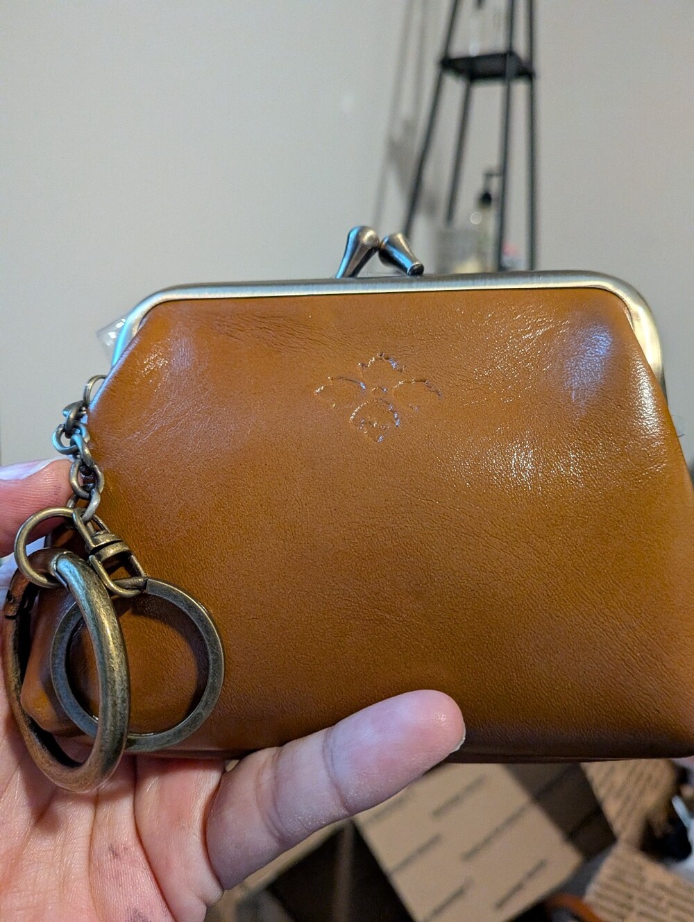Patricia Nash Borse Cognac Leather Kiss-Lock Coin Purse Keychain